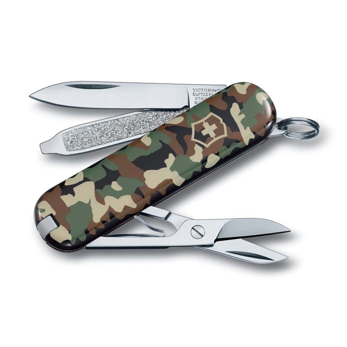 Нож-брелок VICTORINOX Classic SD "Camouflage", 58 мм, 7 функций, зелёный камуфляж для нанесения логотипа