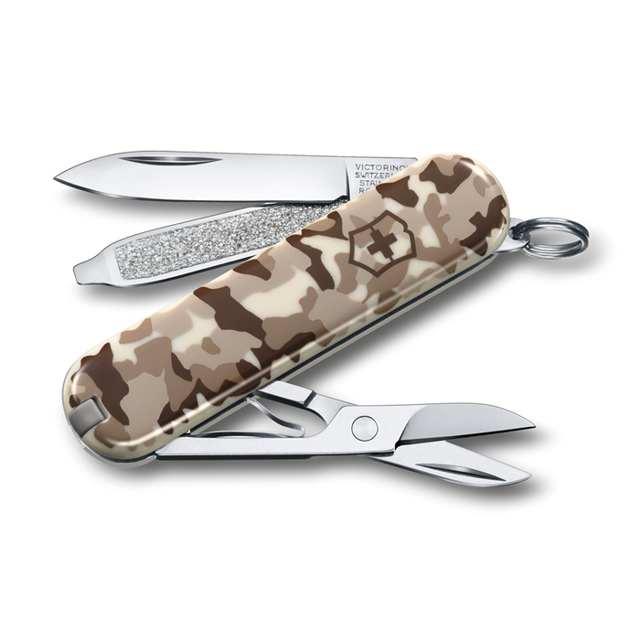 Нож-брелок VICTORINOX Classic SD "Desert Camouflage", 58 мм, 7 функций, бежевый камуфляж для нанесения логотипа