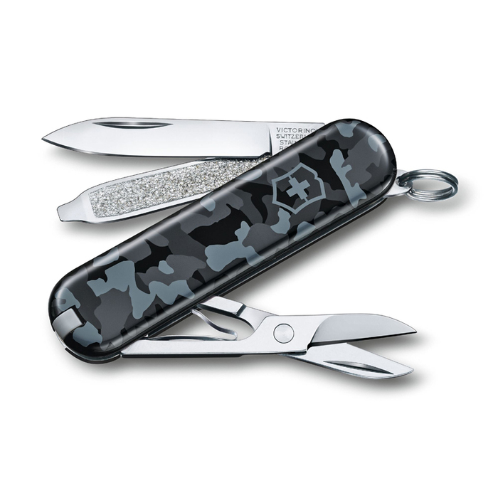 Нож-брелок VICTORINOX Classic SD Navy Camouflage, 58 мм, 7 функций, серо-синий камуфляж для нанесения логотипа