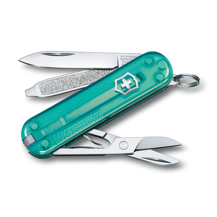 Нож-брелок VICTORINOX Classic SD Colors "Tropical Surf", 58 мм, 7 функций, полупрозрачный бирюзовый для нанесения логотипа