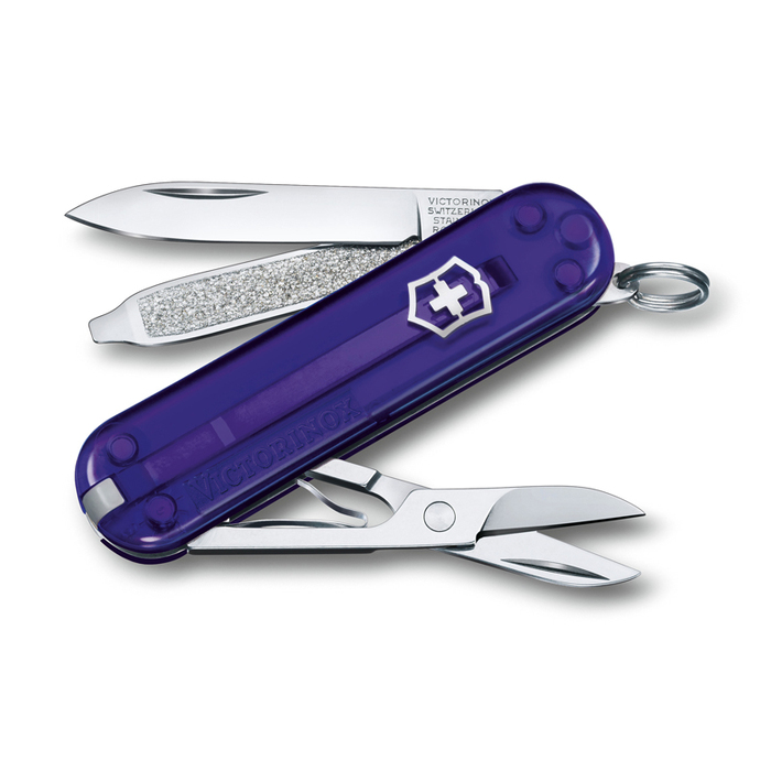 Нож-брелок VICTORINOX Classic SD Colors "Persian Indigo", 58 мм, 7 функций, полупрозрачный индиго для нанесения логотипа