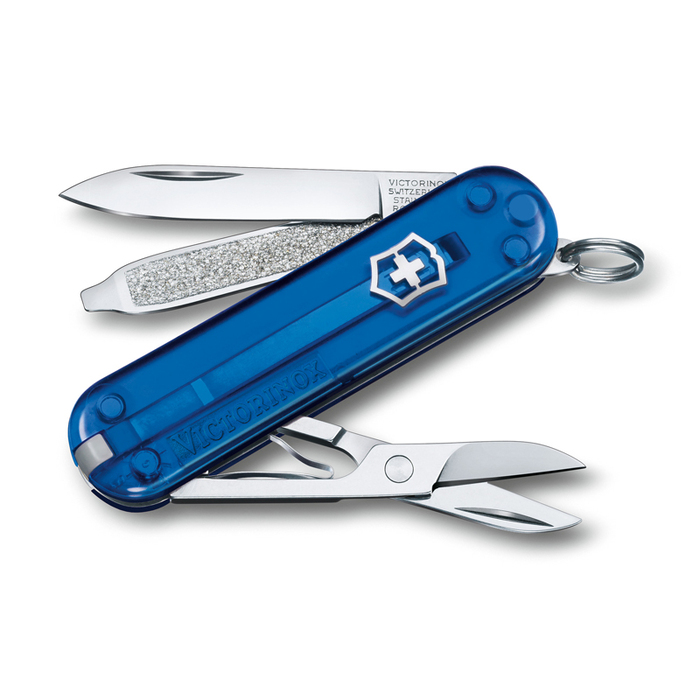 Нож-брелок VICTORINOX Classic SD Colors "Deep Ocean", 58 мм, 7 функций, полупрозрачный синий для нанесения логотипа