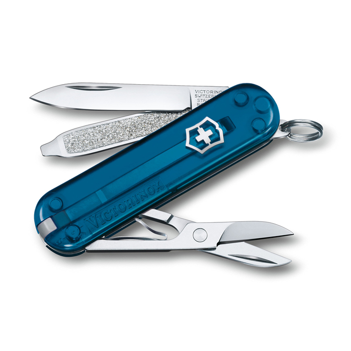 Нож-брелок VICTORINOX Classic SD Colors "Sky High", 58 мм, 7 функций, полупрозрачный синий для нанесения логотипа