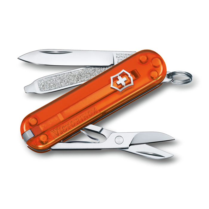 Нож-брелок VICTORINOX Classic SD Colors "Fire Opal", 58 мм, 7 функций, полупрозрачный оранжевый для нанесения логотипа