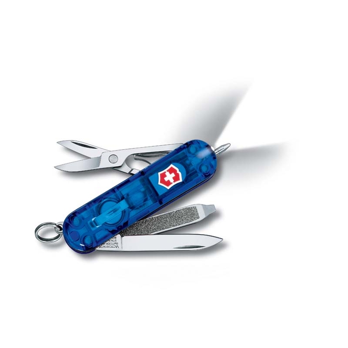 Нож-брелок VICTORINOX Signature Lite, 58 мм, 7 функций, полупрозрачный синий для нанесения логотипа