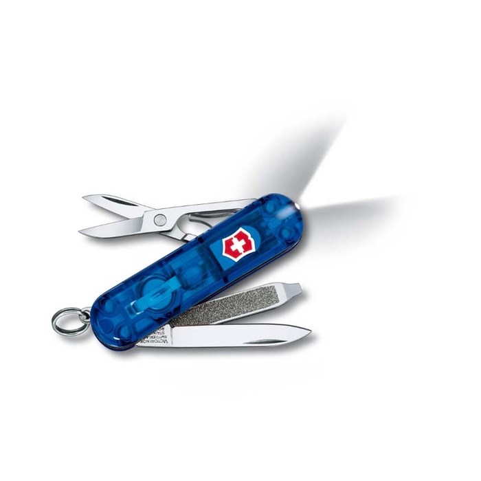 Нож-брелок VICTORINOX Swiss Lite, 58 мм, 7 функций, полупрозрачный синий для нанесения логотипа
