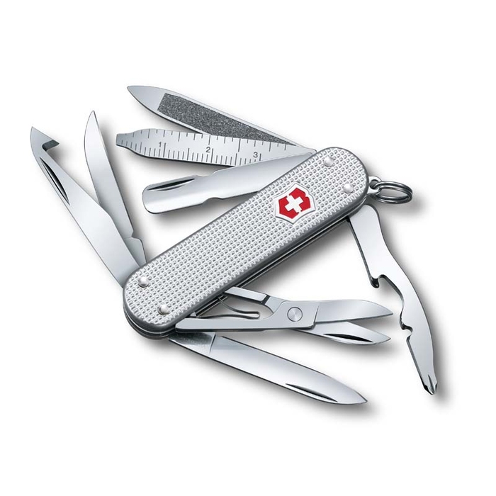 Нож-брелок VICTORINOX Mini Champ Alox, 58 мм, 15 функций, алюминиевая рукоять, серебристый для нанесения логотипа