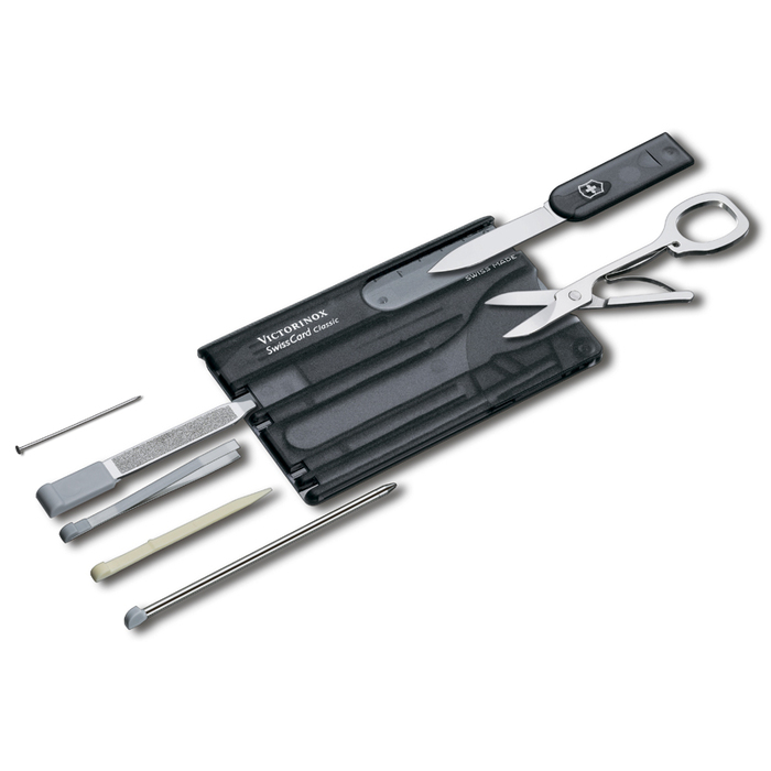 Швейцарская карточка VICTORINOX SwissCard Classic, 10 функций, полупрозрачная чёрная для нанесения логотипа