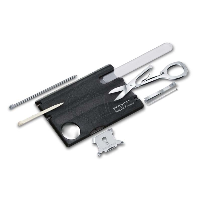 Швейцарская карточка VICTORINOX SwissCard Nailcare, 13 функций, полупрозрачная чёрная для нанесения логотипа