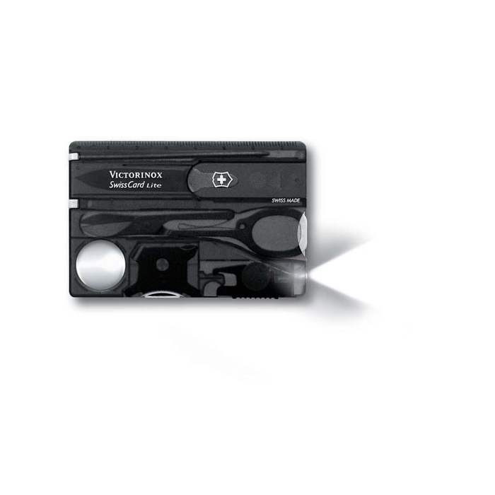 Швейцарская карточка VICTORINOX SwissCard Lite, 13 функций, полупрозрачная чёрная для нанесения логотипа