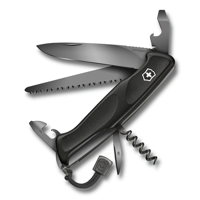 Нож перочинный VICTORINOX RangerGrip 55 Onyx Black, 130 мм, 12 функций, с фиксатором лезвия, чёрный для нанесения логотипа