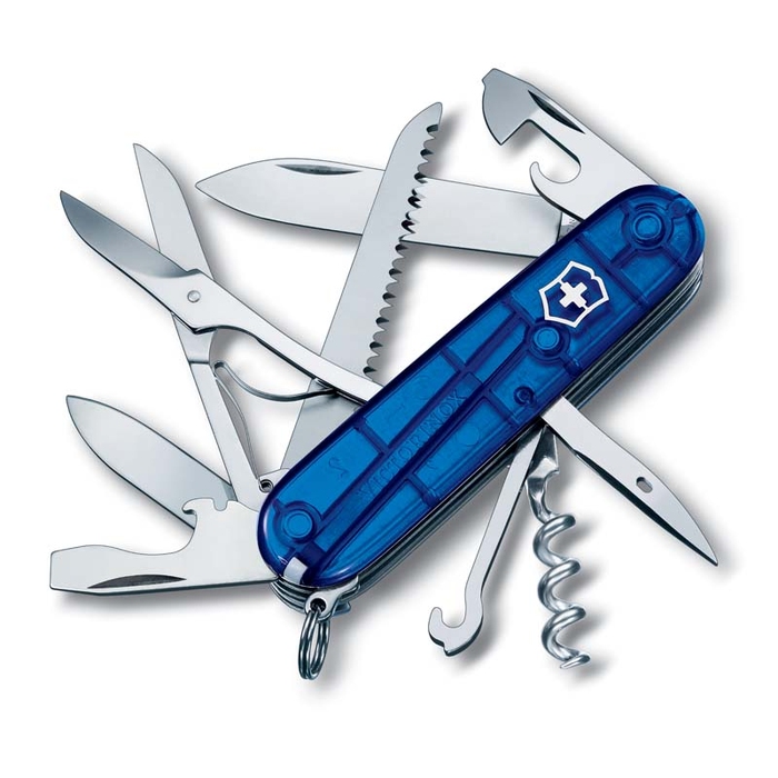 Нож перочинный VICTORINOX Huntsman, 91 мм, 15 функций, полупрозрачный синий для нанесения логотипа
