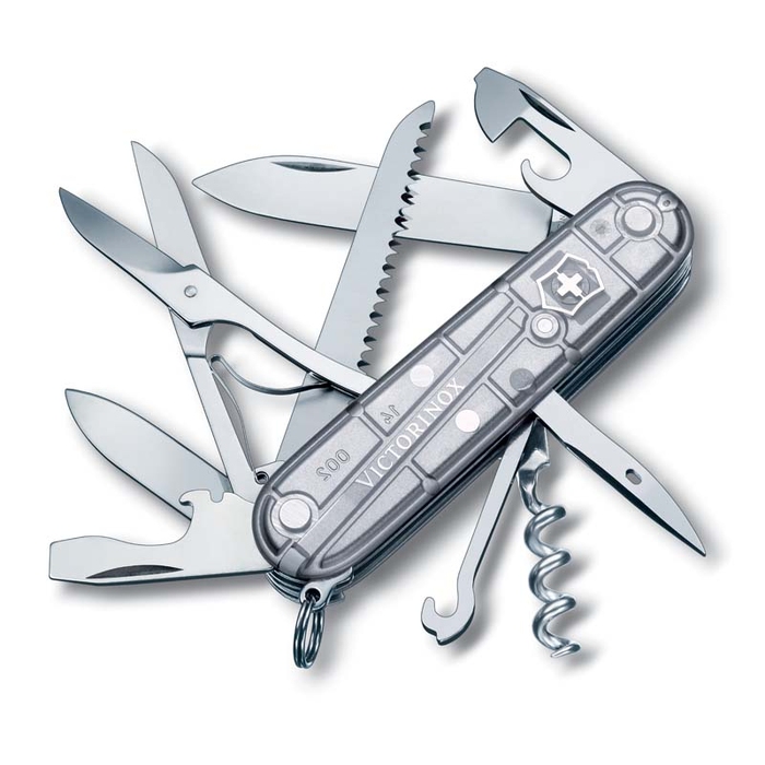 Нож перочинный VICTORINOX Huntsman, 91 мм, 15 функций, полупрозрачный серебристый для нанесения логотипа