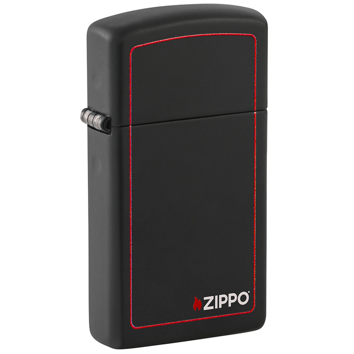 Зажигалка ZIPPO узкая с фирменным логотипом и красной окантовкой с черным матовым покрытием | Slim® Black Matte, латунь/сталь, чёрная, 29x10x60 мм для нанесения логотипа
