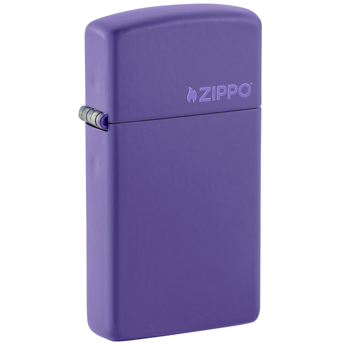 Зажигалка ZIPPO узкая Логотип с фиолетовым матовым покрытием | Slim® Logo Purple Matte, латунь/сталь, фиолетовая, матовая, 29x10x60 мм для нанесения логотипа
