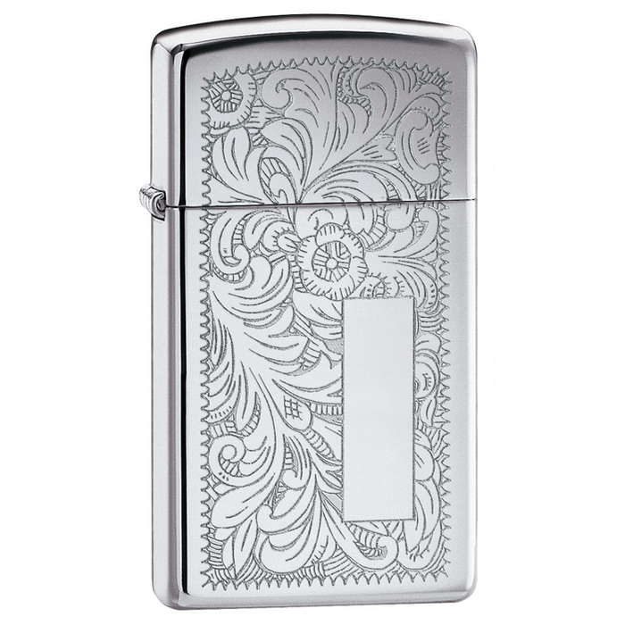 Зажигалка ZIPPO узкая Венецианская с покрытием глянцевый хром | Slim® Venetian® High Polish Chrome, латунь/сталь, серебристая, глянцевая, 29x10x60 мм для нанесения логотипа