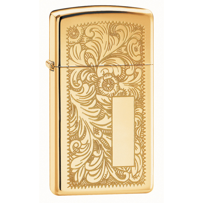 Зажигалка ZIPPO узкая Венецианская с покрытием глянцевая латунь | Slim® Venetian® High Polish Brass, латунь/сталь, золотистая, глянцевая, 29x10x60 мм для нанесения логотипа