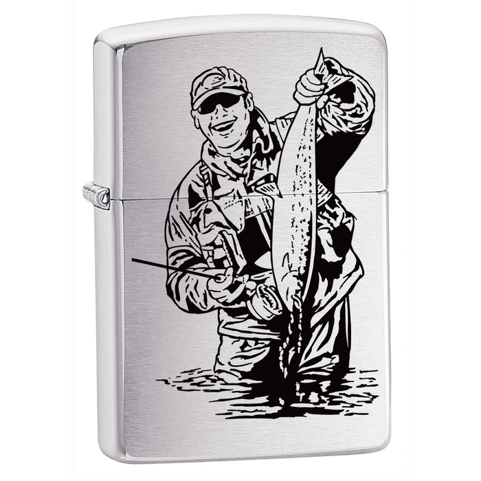 Зажигалка ZIPPO Рыбак с покрытием матовый хром | Brushed Chrome, латунь/сталь, серебристая, матовая, 38x13x57 мм для нанесения логотипа