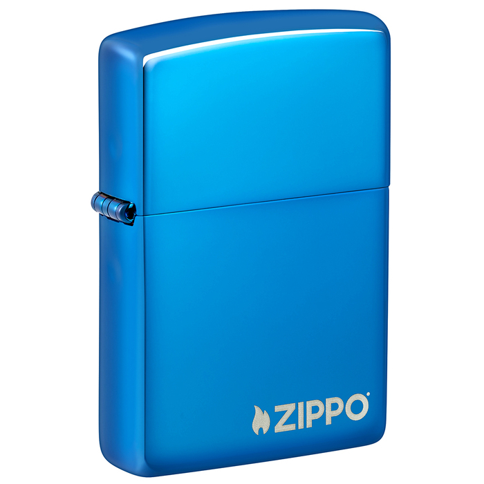 Зажигалка ZIPPO Логотип с синим глянцевым покрытием | Logo High Polish Blue, с лого, латунь/сталь, синяя, глянцевая, 38x13x57 мм для нанесения логотипа
