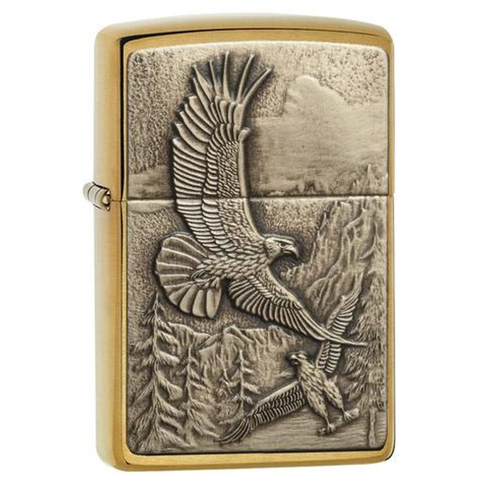 Зажигалка ZIPPO Парящие орлы с покрытием матовая латунь | Soaring Eagles Brushed Brass, латунь/сталь, золотистая, матовая, 38x13x57 мм для нанесения логотипа
