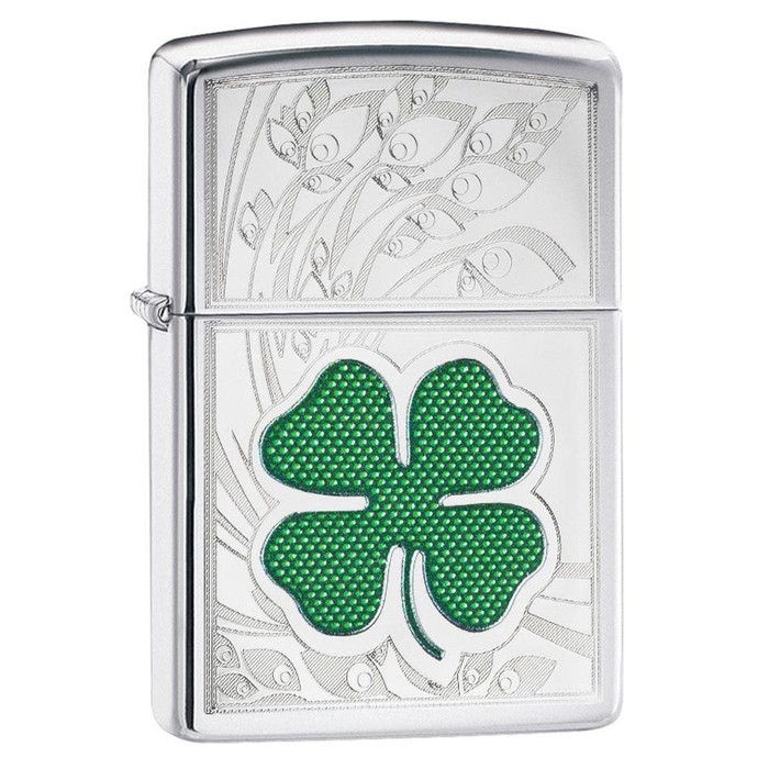 Зажигалка ZIPPO Клевер с покрытием Глянцевый хром | Clover High Polish Chrome, латунь/сталь, серебристая, 38x13x57 мм для нанесения логотипа