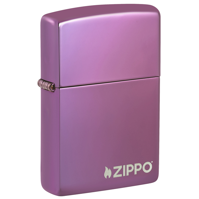 Зажигалка ZIPPO Логотип с глянцевым фиолетовым покрытием | Logo High Polish Purple, латунь/сталь, фиолетовая, глянцевая, 38x13x57 мм для нанесения логотипа
