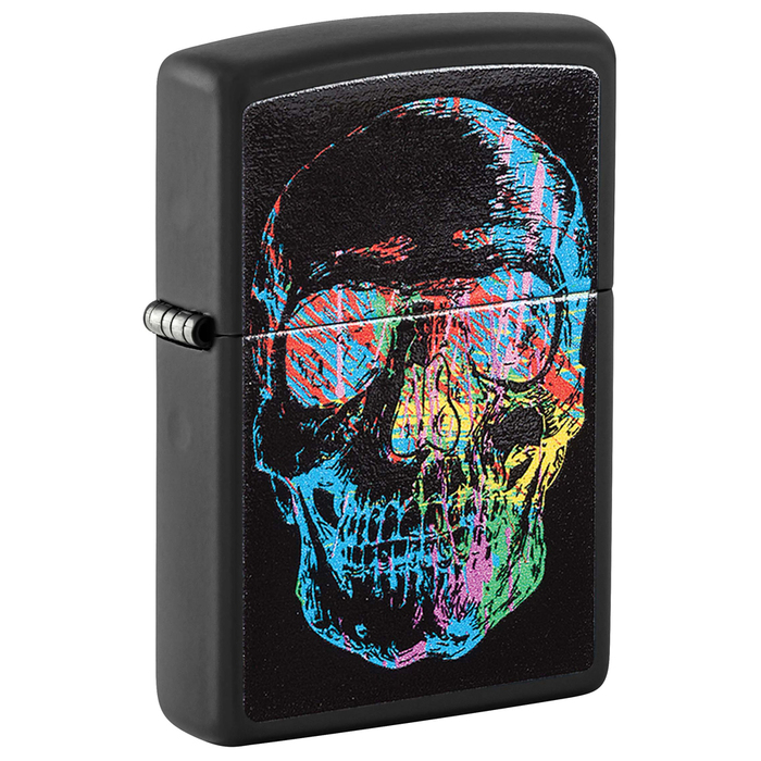 Зажигалка ZIPPO Цветной череп с черным матовым покрытием | Colorful Skull Design Black Matte, латунь/сталь, черная, 38x13x57 мм для нанесения логотипа
