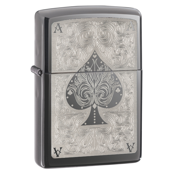 Зажигалка ZIPPO Филигранный туз с покрытием черный лед | Ace Filigree Black Ice ®, латунь/сталь, чёрная, глянцевая, 38x13x57 мм для нанесения логотипа