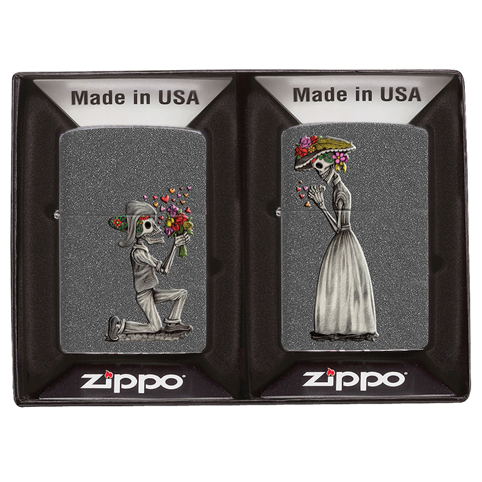Набор ZIPPO Влюбленные зомби из двух зажигалок с каменным покрытием | Couple Iron Stone, серые, матовые для нанесения логотипа