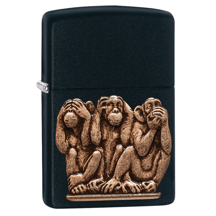 Зажигалка ZIPPO Три обезьяны с черным матовым покрытием | Three Monkeys Black Matte, латунь/сталь, чёрная, матовая, 38x13x57 мм для нанесения логотипа