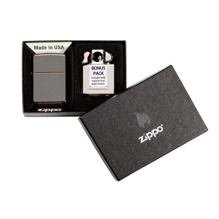 Подарочный набор ZIPPO: зажигалка с покрытием черный лед | Black Ice® и вставной блок для зажигалок для трубок, латунь/сталь, черный/серебристый цвета для нанесения логотипа