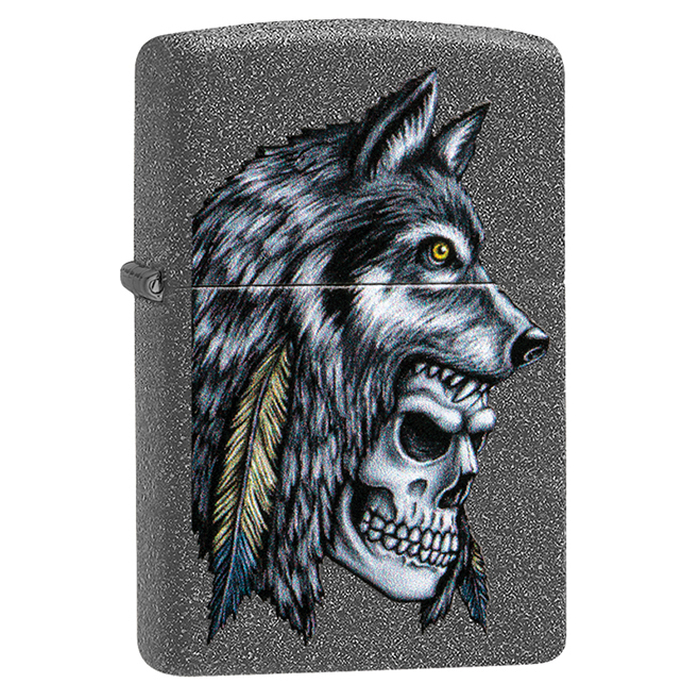Зажигалка ZIPPO Череп с головой волка с каменным покрытием | Wolf Skull Iron Stone, латунь/сталь, серая, матовая, 38x13x57 мм для нанесения логотипа