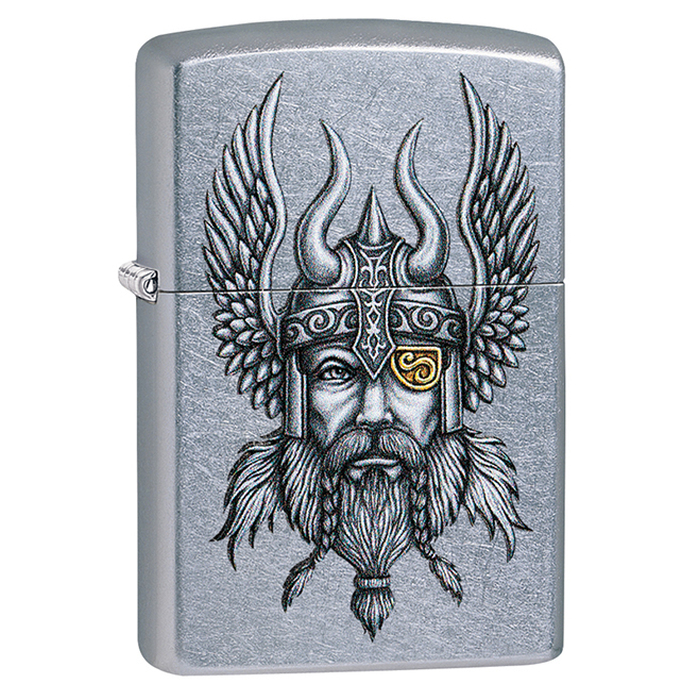 Зажигалка ZIPPO Викинг с покрытием поцарапанный хром | Viking Warrior Street Chrome, латунь/сталь, серебристая, 38x13x57 мм для нанесения логотипа