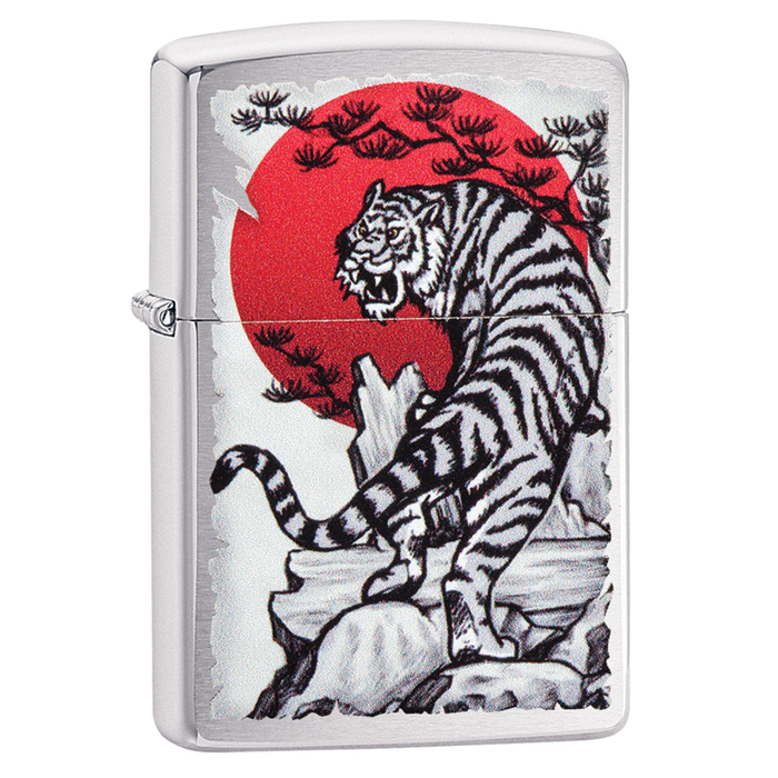 Зажигалка ZIPPO Азиатский тигр с покрытием матовый хром | Asian Tiger Brushed Chrome, латунь/сталь, серебристая, 38x13x57 мм для нанесения логотипа