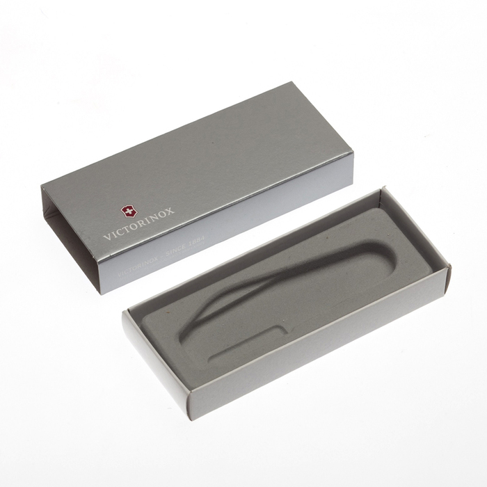 Коробка для ножей VICTORINOX 84 мм толщиной 1-2 уровня, картонная, серебристая для нанесения логотипа