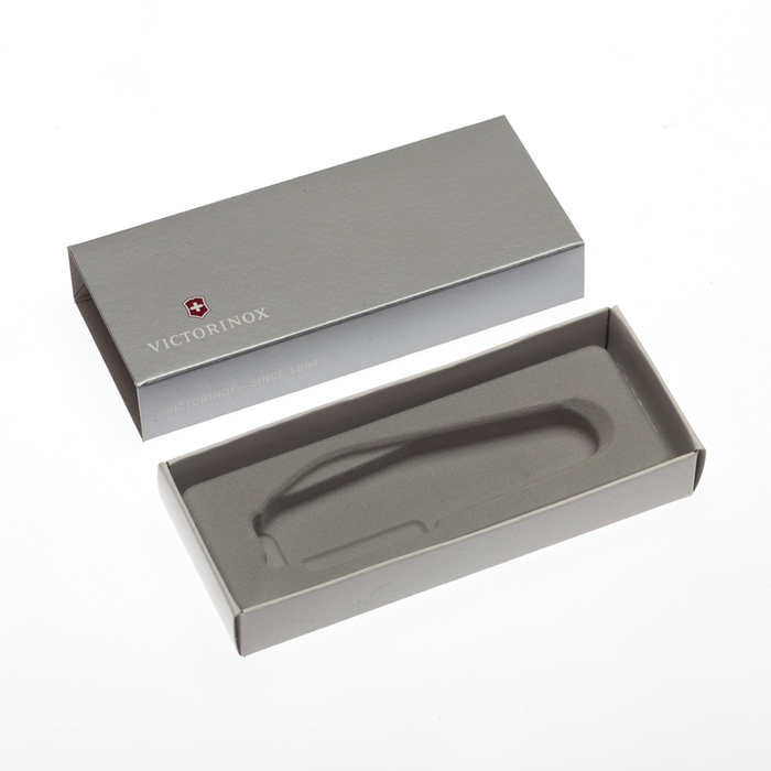 Коробка для ножей VICTORINOX 91 мм толщиной до 3 уровней, картонная, серебристая для нанесения логотипа
