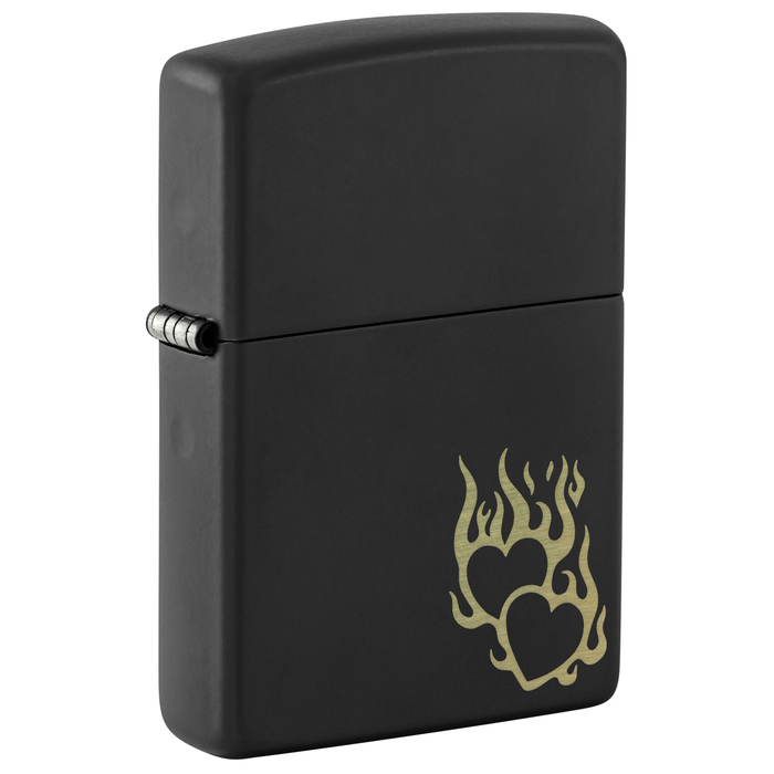 Зажигалка ZIPPO Сердца в огне с черным матовым покрытием | Fire Heart Black Matte, латунь/сталь, черная, матовая, 38x13x57 мм для нанесения логотипа