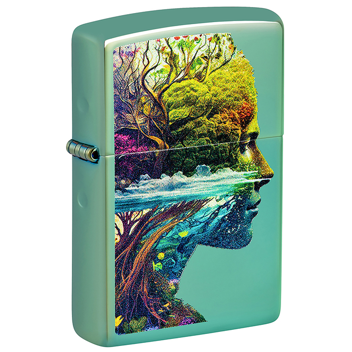 Зажигалка ZIPPO Единение с природой с зеленым глянцевым покрытием | One with Nature Design High Polish Green, латунь/сталь, зеленая, 38x13x57 мм для нанесения логотипа