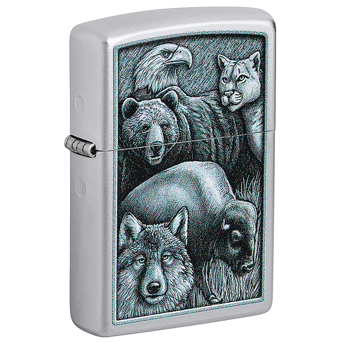 Зажигалка ZIPPO Королевство зверей с покрытием сатинированный хром | Animal Kingdom Design Satin Chrome, латунь/сталь,серебристая,матовая,38x13x57 мм для нанесения логотипа