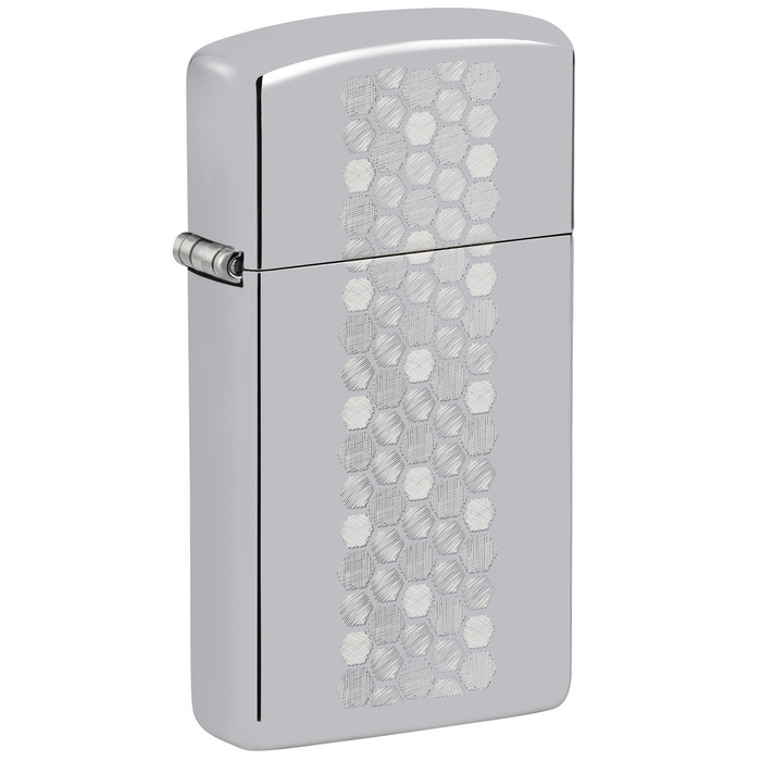 Зажигалка ZIPPO узкая Медовые соты с покрытием глянцевый хром | Slim® Honeycomb Design High Polish Chrome, латунь/сталь, серебристая, 29x10x60 мм для нанесения логотипа