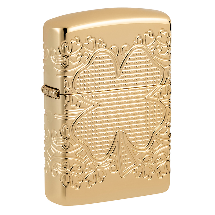 Зажигалка ZIPPO Armor® Счастливый клевер с глянцевым золотистым покрытием | Lucky Clover High Polish Gold Plate, латунь/сталь, золотистая, 38x13x57 мм для нанесения логотипа