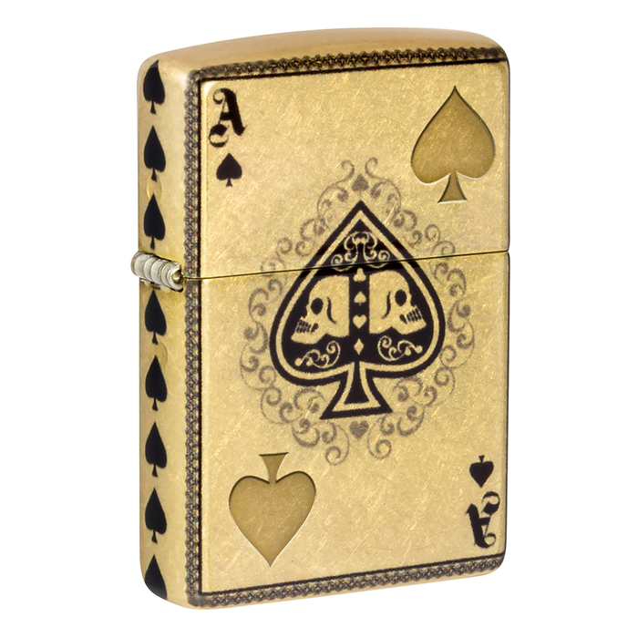 Зажигалка ZIPPO Туз черепов с покрытием Искусственно состаренная латунь на 540 | Ace of Skulls 540 Tumbled Brass, латунь/сталь, золотистая, 38x13x57мм для нанесения логотипа