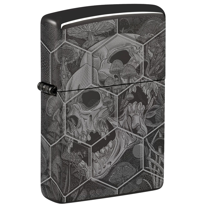 Зажигалка ZIPPO Грибы и черепа с черным глянцевым покрытием | Mushroom Skulls High Polish Black, латунь/сталь, черная, глянцевая, 38x13x57 мм для нанесения логотипа