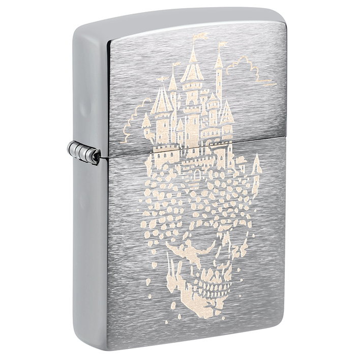 Зажигалка ZIPPO Замок черепа с покрытием матовый хром | Skull Castle Design Brushed Chrome, латунь/сталь, серебристая, 38x13x57 мм для нанесения логотипа