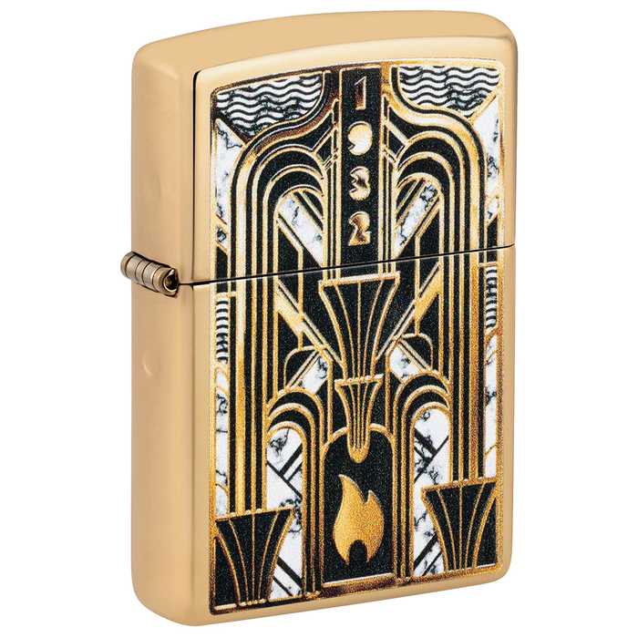 Зажигалка ZIPPO Пламя в стиле ар-деко с покрытием Глянцевая латунь | Art Deco Flame High Polish Brass, латунь/сталь, золотистая, 38x13x57мм для нанесения логотипа