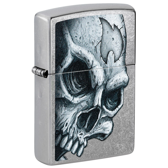 Зажигалка ZIPPO Череп и пламя с покрытием поцарапанный хром | Skull and Flame Street Chrome, латунь/сталь, серебристая, матовая, 38x13x57 мм для нанесения логотипа