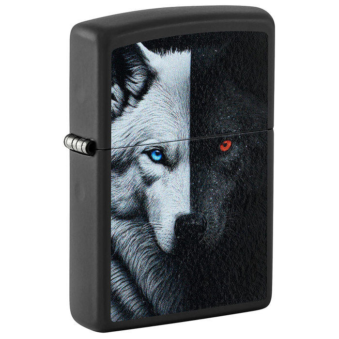 Зажигалка ZIPPO Два волка с черным матовым покрытием | Two Wolves Black Matte, латунь/сталь, черная, 38x13x57 мм для нанесения логотипа