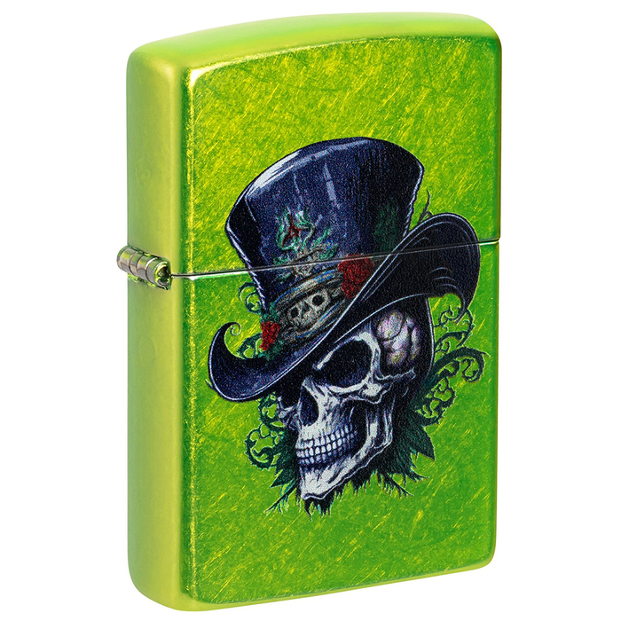 Зажигалка ZIPPO Скелет в стиле стимпанк с кислотным зеленым покрытием | Steampunk Skeleton Lurid, латунь/сталь, зеленая, глянцевая, 38x13x57 мм для нанесения логотипа