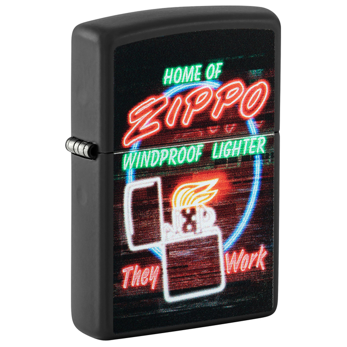 Зажигалка ZIPPO Неоновая вывеска с черным матовым покрытием | Zippo Design Black Matte, латунь/сталь, черная, матовая, 38x13x57 мм для нанесения логотипа
