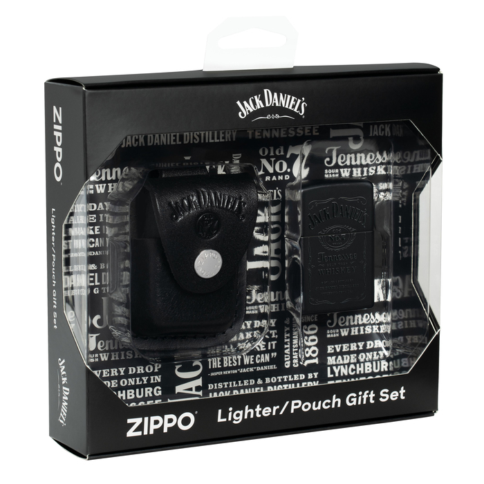 Набор ZIPPO Джек Дэниэлс | Jack Daniels®: зажигалка с черным матовым покрытием | Black Matte и кожаный чехол в подарочной коробке для нанесения логотипа